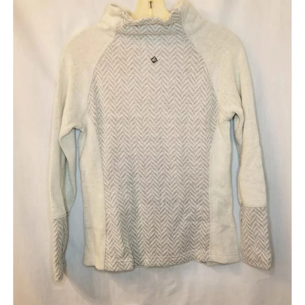 PrAna Lucia Sweater Womens XS Gray Wool Knit Pullover Buttons Cinch Funnel Neck